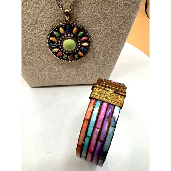 Vintage Boho Style Necklace & Bracelet Set With Multicolor Faux Gemstones.   N57 - Picture 3 of 14